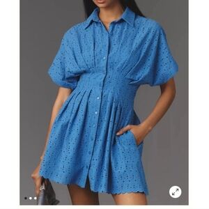 Anthropologie Exquise Tobie Blue Eyelet Shirt Dress Size LP large Petite NWT